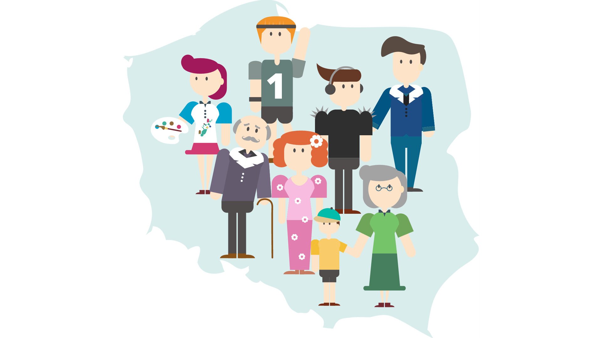 Na ilustracji przedstawione są elementy państwa - mapa Polski w kolorze jasnoniebieskim, w środku mapy 8 postaci (kobiety, mężczyźni, młodzi, starsi, dziecko). Każda z osób różni się od siebie.