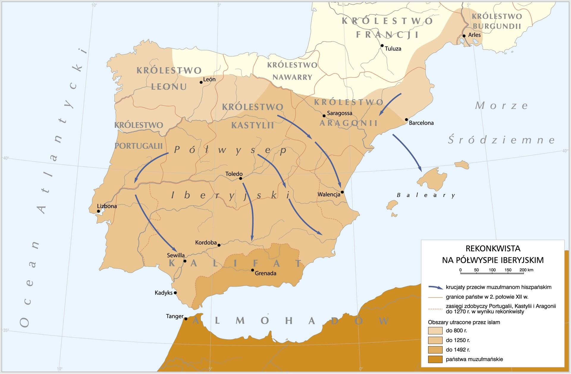 Kliknij, aby powiększyć Mapa Rekonkwista na Półwyspie Iberyjskim. Zawiera informacje o obszarach utraconych przez islam.