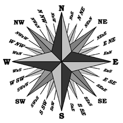 Na obrazku przedstawiona czarno – biała róża wiatrów. Zbudowana jest ona z trójkątów ostrokątnych, w tym czterech większych, spotykających się pośrodku, skierowanych w cztery strony świata. Przypisane są do nich litery oznaczające międzynarodowe skróty od kierunków świata. Są to zgodnie z ruchem wskazówek zegara: N - północ, E - wschód, S-południe oraz W-zachód. Oprócz nich są ukazane mniejsze trójkąty wskazujące kierunki pośrednie, zwrócone na ukos względem większych trójkątów z przyporządkowanymi kombinacjami liter oznaczającymi je. Na rysunku dominuje czerń i odcienie szarości.  