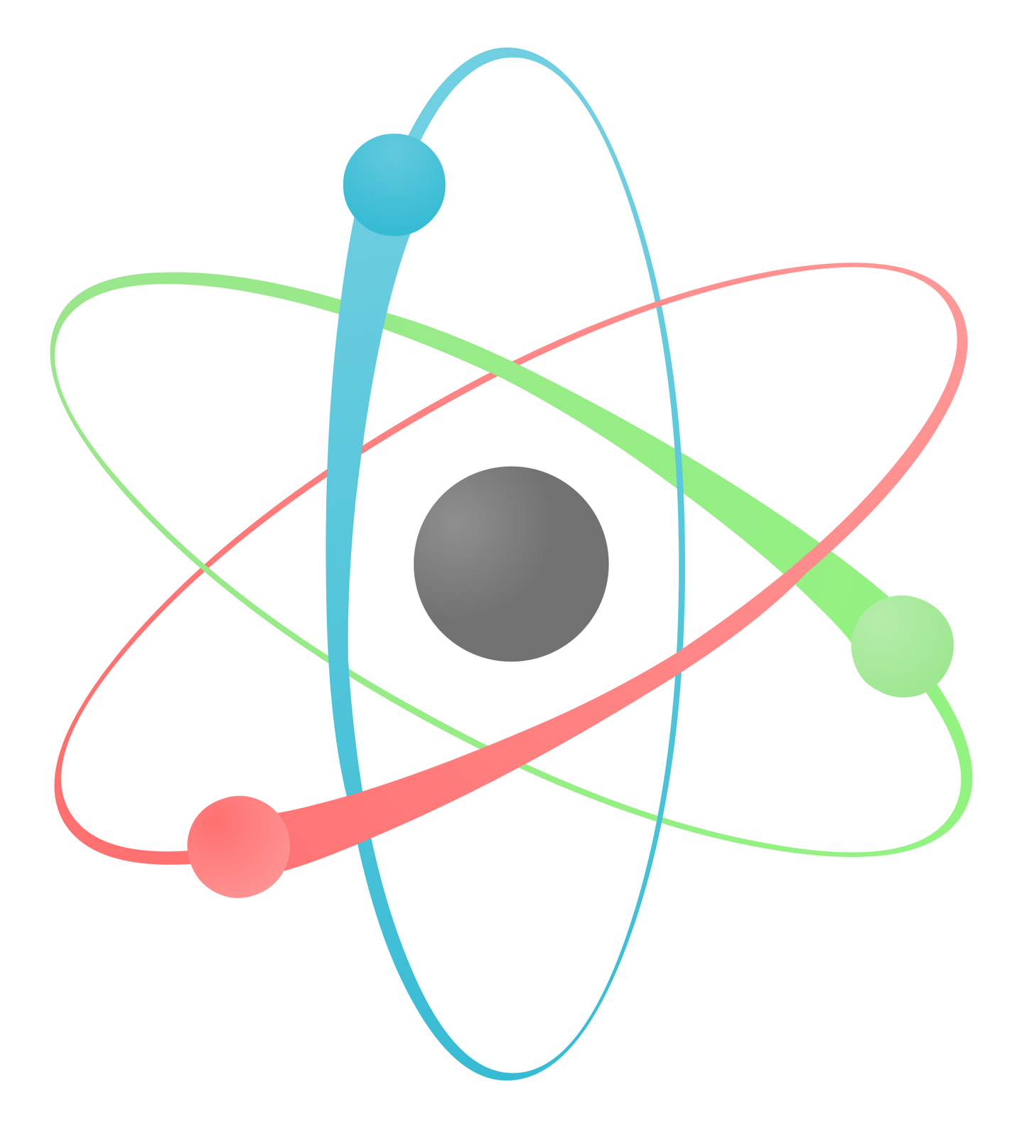 Ilustracja przedstawia na białym tle, dużą szarą kulę. Wokół niej, po trzech różnych elipsach krążą mniejsze kulki: niebieska, zielona i czerwona.