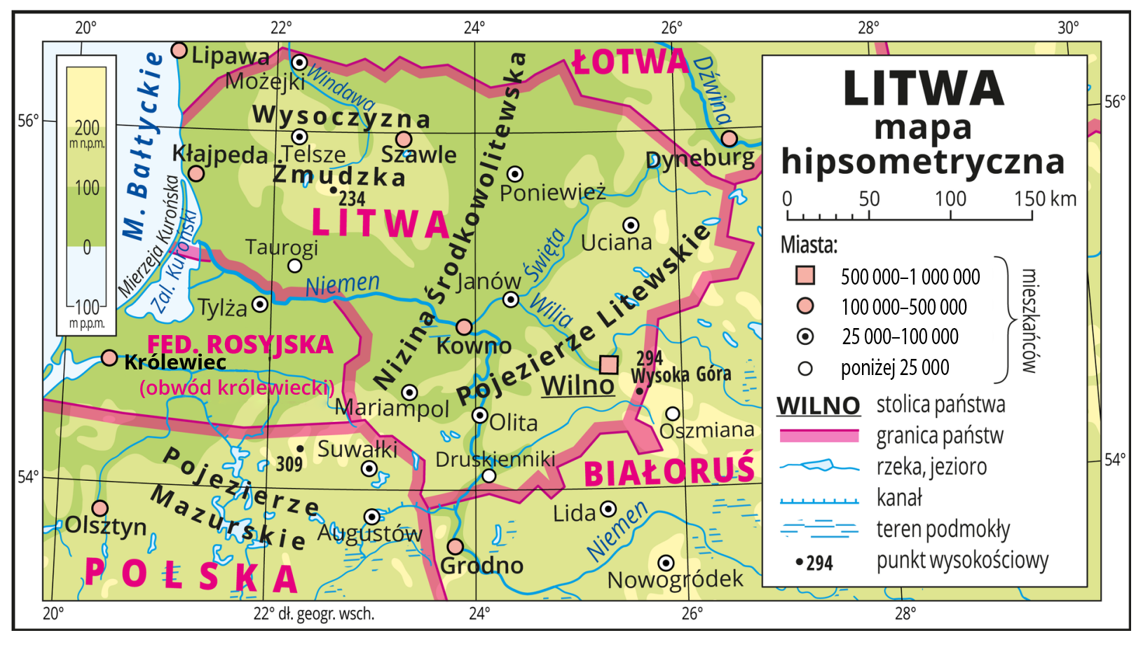 Mapa przedstawia hipsometrię Litwy. Czarnymi napisami wypisano na niej krainy geograficzne. Od północnego wschodu na Litwie duży obszar zajmuje Wysoczyzna Żmudzka, obok niej pasmowy przebieg od południa na północ ma Nizina Środkowo Litewska, a do niej równolegle na południowym wschodzie kraju znajduje się Pojezierze Litewskie. W lewym górnym rogu mapy znajduje się skala barw wskazująca wysokości kolorem jasnożółtym zaznaczono na niej tereny powyżej 200 m n.p.m. jasnozielonym kolorem oznaczono tereny o wysokości od 100 do 200 m n.p.m., kolorem zielonym tereny od 0 do 100 m n.p.m., a na samym dole kolorem niebieskim oznaczono tereny o wysokości poniżej 0 m. do 100 m p.p.m. Z prawej strony mapy jest legenda, na niej tytuł mapy "Litwa mapa hipsometryczna" pod nim jest skala liniowa z podziałką co 50 km, a poniżej znajdują się objaśnienia do symboli punktowych i liniowych zastosowanych na mapie. Dookoła mapy jest biała ramka w której opisano wartości południków i równoleżników wpisanych w mapę, co 2 stopnie. 