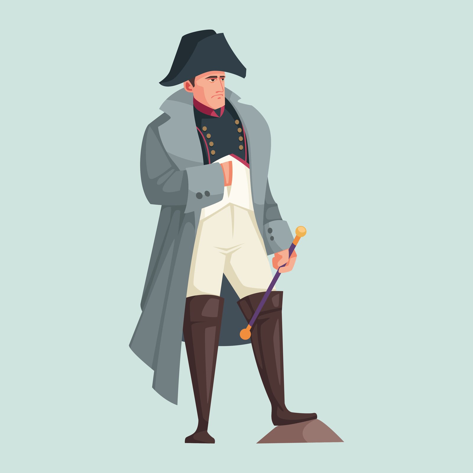 Ilustracja przedstawia żołnierza ubranego w surdut, białe spodnie, długie czarne kozaki za kolano i kapelusz. 