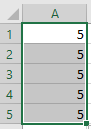 Zrzut ekranu przedstawia fragment arkusza kalkulacyjnego Excel. W kolumnie w komórkach od A1 do A5 wpisano: 5