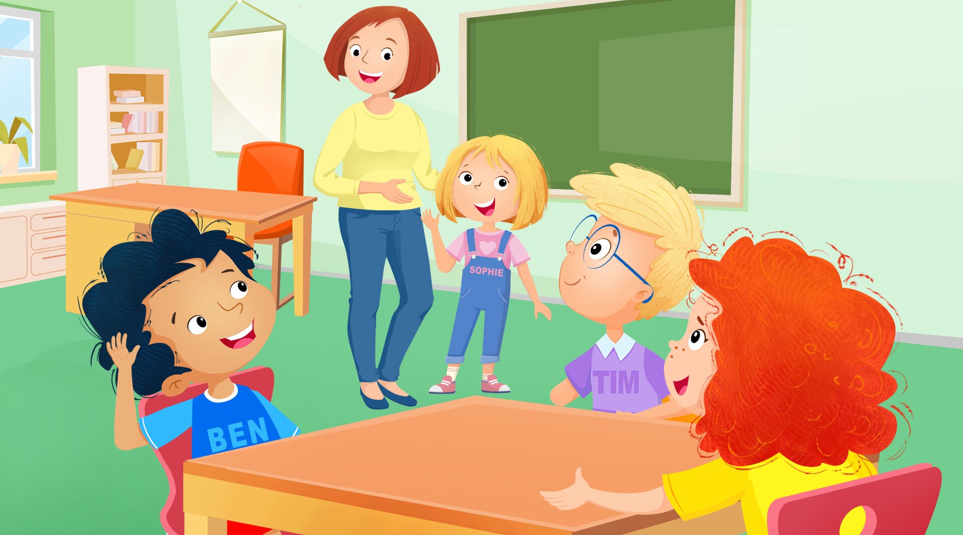 Ilustracja przedstawia dzieci siedzące przy stoiku do których podchodzi nauczycielka z nowa uczennicą.