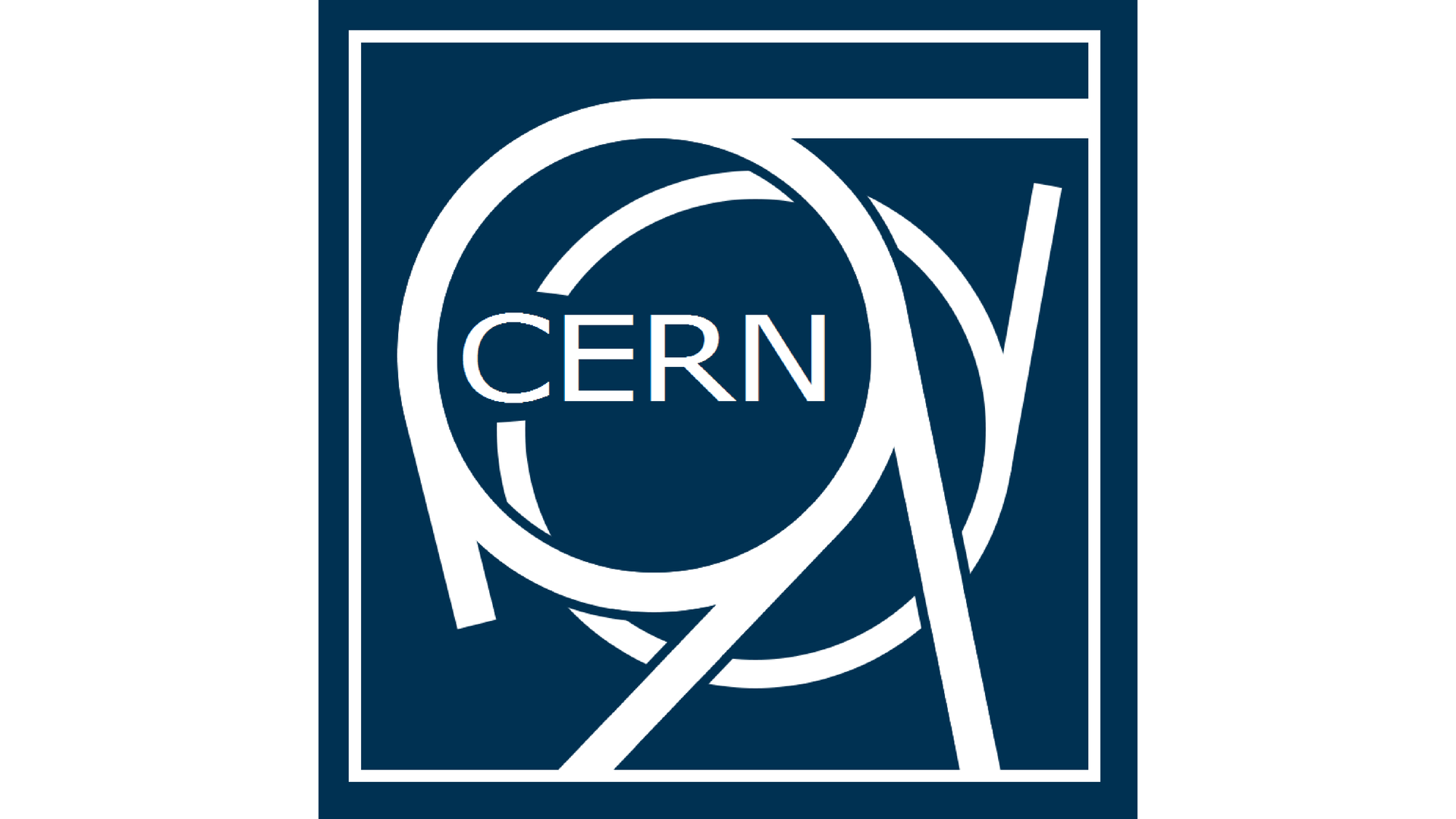 Grafika przedstawia logo CERN - Europejskiej Organizacji Badań Jądrowych.  Jest to kwadrat,  wewnątrz którego znajduje się napis "CERN" oraz okręgi, od których odchodzą proste.