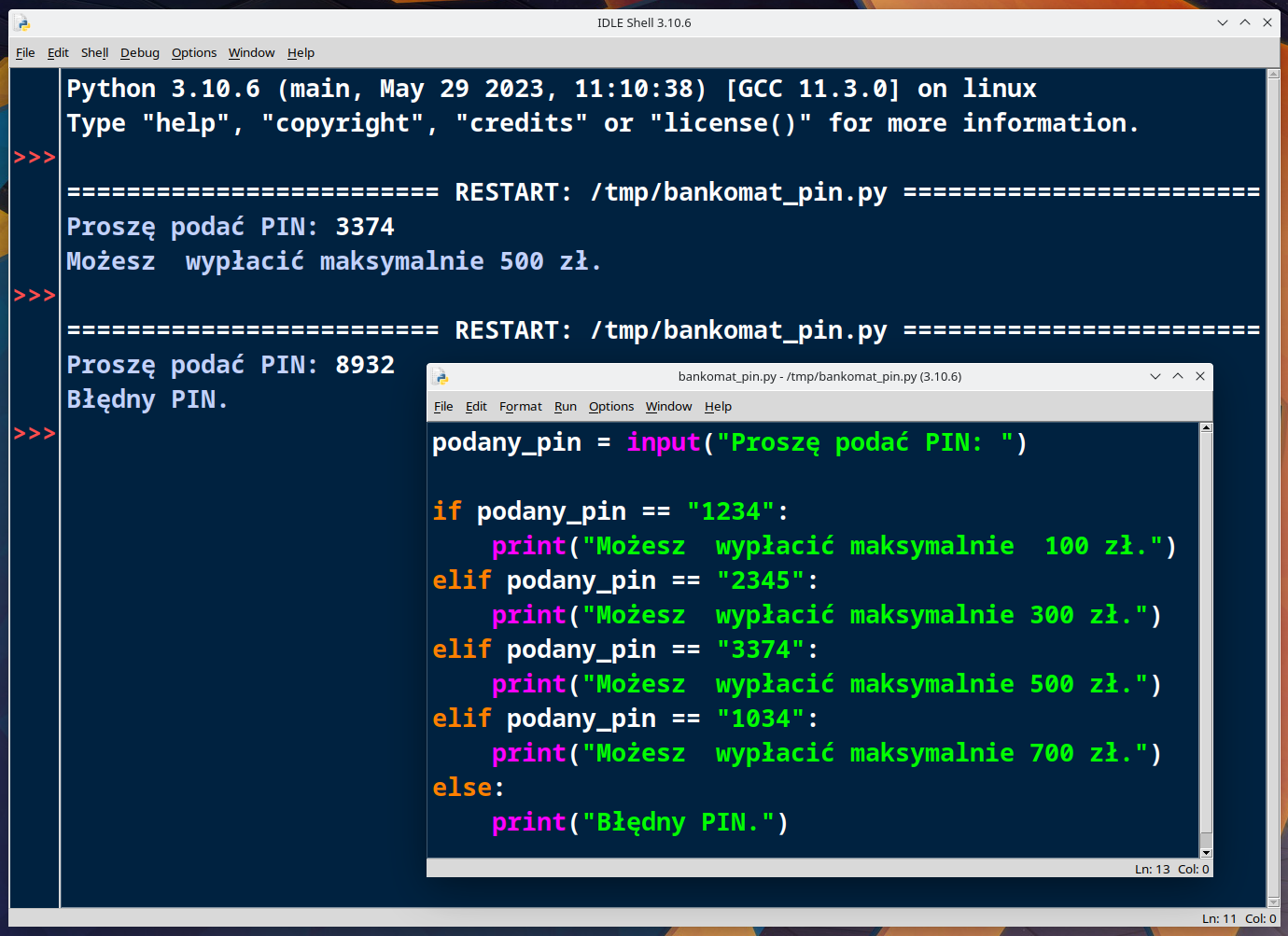Wykonanie poleceń w IDLE.