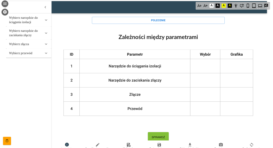 Zdjęcie przedstawia otwartą zakładkę z przykładowym poleceniem. W górnej części ekranu znajduje się panel umożliwiający dostosowanie e‑materiału do odbiorców ze specjalnymi potrzebami. Od lewej. Czarna litera “A” ze strzałką w dół. Czarna litera “A” ze strzałką w górę. Czarna litera “A” w białym kwadracie. Biała litera “A” w czarnym kwadracie. Czarna litera “A” w żółtym kwadracie. Żółta litera “A” w czarnym kwadracie. Na końcu znajduje się ikonka człowieka z wyprostowanymi rękami. Obok widoczna jest treść poleceń do wykonania.  Pod poleceniem są ponumerowane treści oraz puste pola do wypełnienia. Poniżej widnieje zielony panel Sprawdź.

