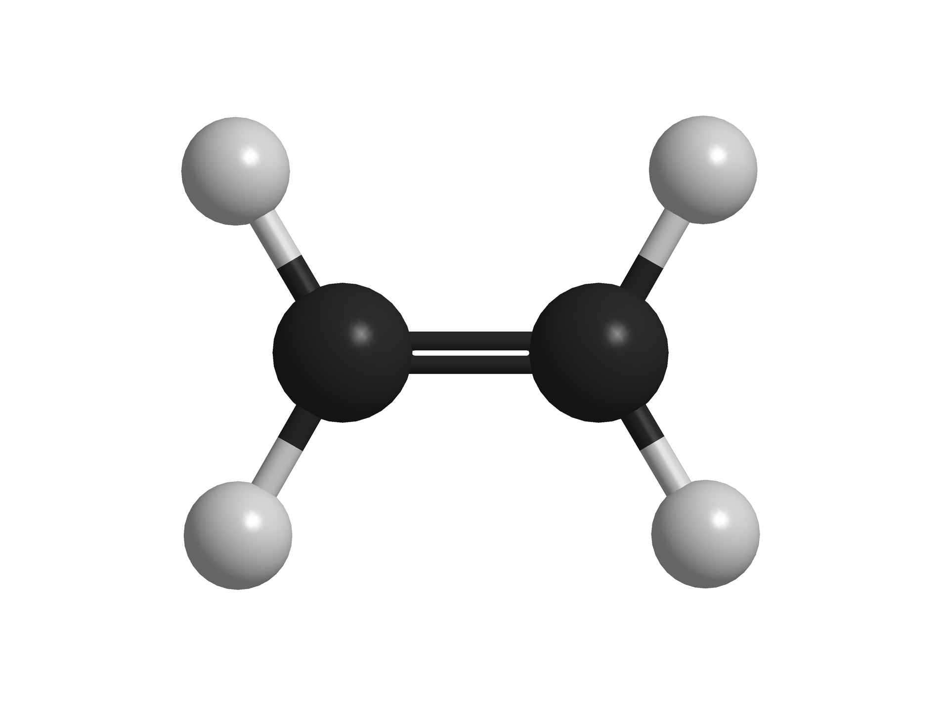 Ilustracja przedstawia model kulkowy cząsteczki etenu. Zbudowany jest on z dwóch kulek czarnych symbolizujących atomy węgla. Połączone są one wiązaniem podwójnym, przedstawionym jako dwie kreski. Do atomów węgla dołączone są za pomocą pojedynczego wiązania po dwa atomy wodoru przedstawione w modelu za pomocą kulek szarych. Szare kulki są mniejsze od kulek czarnych.  