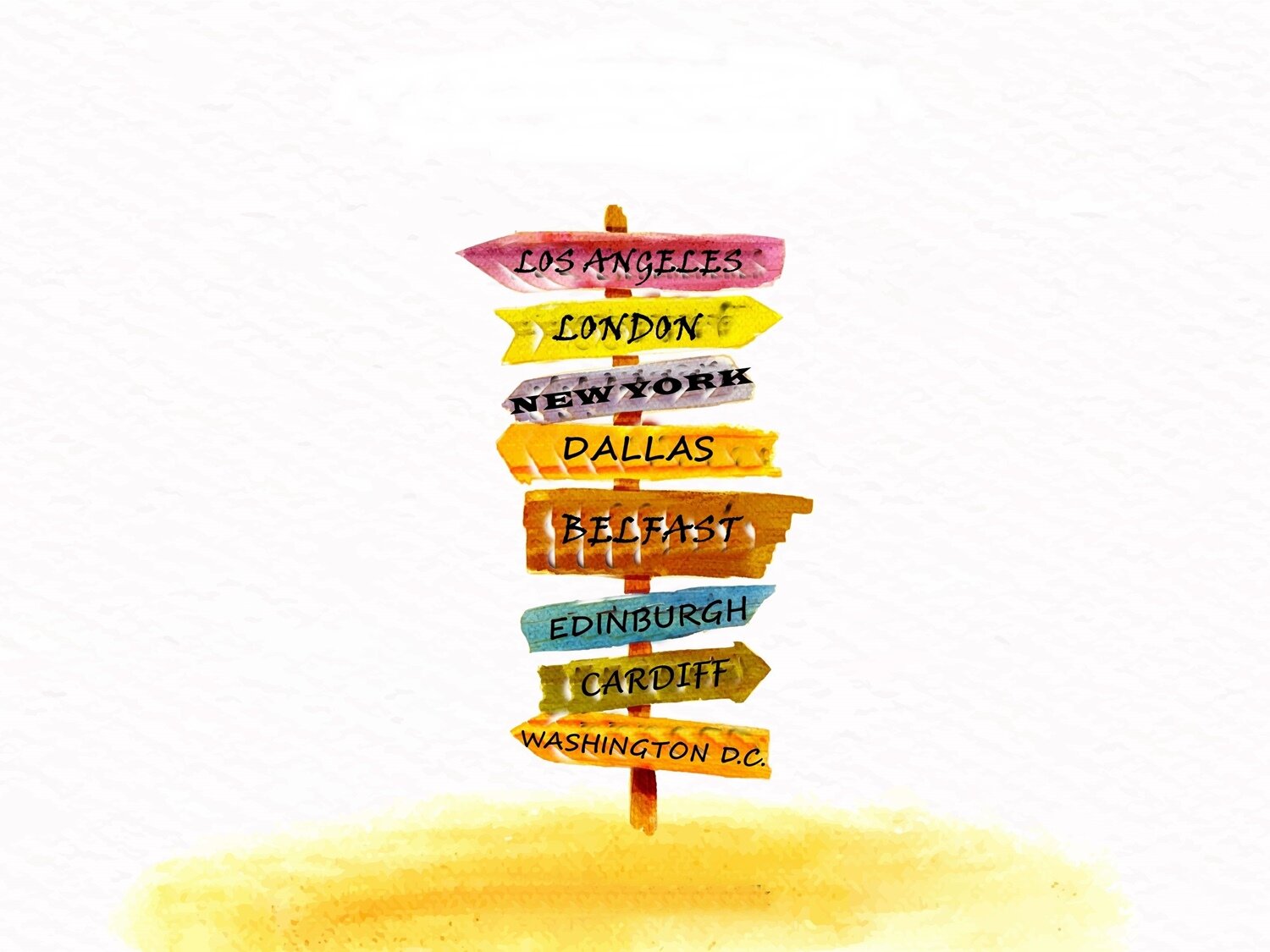 Grafika przedstawia drogowskaz, na którym umieszczono różnokolorowe tabliczki ze strzałkami skierowanymi w prawo lub w lewo. Na tabliczka widoczne są nazwy 8 miast. Od góry są to: LOS ANGELES, LONDON, NEW YORK, DALLAS, BELFAST, EDINBURGH, CARDIFF, WASHINGTON DC.