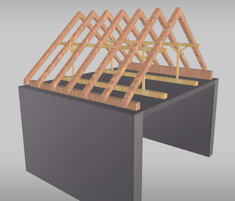 Grafika przedstawia więźbę płatwiową. Widoczny jest model dachu z siedmioma parami krokwi, tworzących odwróconą literę V. W połowie krokwi biegnie pozioma belka (płatew), od której odchodzą pionowe słupy, łączące się na dole z dwoma poziomymi belkami biegnącymi wzdłuż.. W dolnej części każda krokiew opiera się na belce, a ta na prostopadłościennym szarym elemencie obrazującym ścianę.

Opisy obiektów prezentowanych na grafikach są załączone w treści słownika.