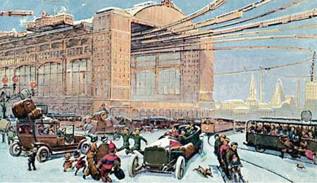 Ilustracja jest niewyraźna. Przedstawia budynek przypominający dużą halę. Przed nim znajdują się różne pojazdy - tramwaj, skuter, stare samochody, dziś uznawane za zabytkowe. Pojazdy poruszają się w różnych kierunkach - bez wyraźnego porządku, między pojazdami znajdują się ludzie z walizkami. Do hali prowadzą napowietrzne tory, które widoczne są w górnej części obrazka.