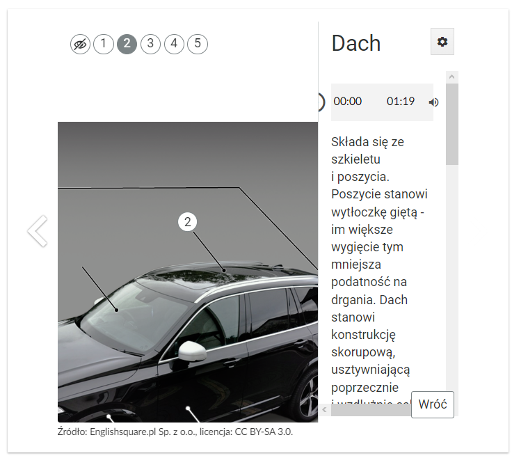 Przykładowy wygląd infografiki po kliknięciu punktu klikalnego dach. Wyświetla się okienko ze ścieżką dźwiękową oraz tekstem.  
