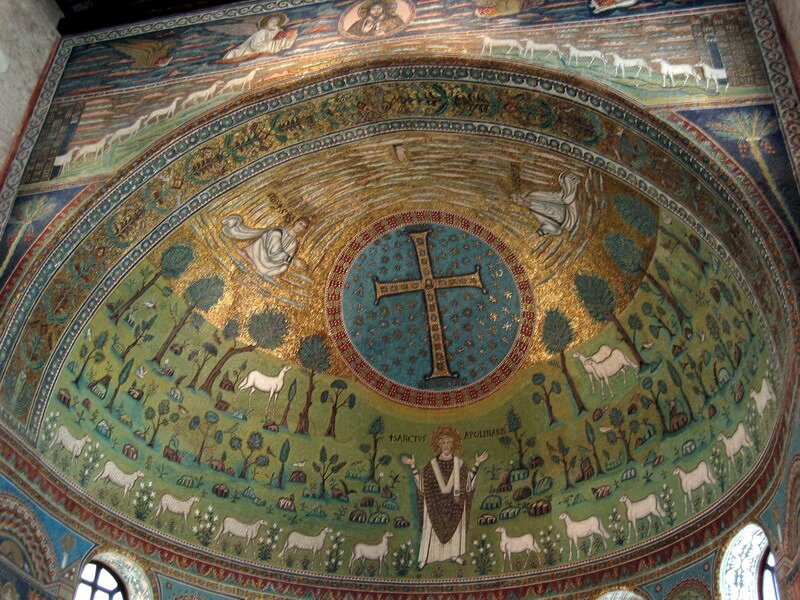 Przedstawienie rajskiego ogrodu Źródło: 533-549, Mozaika, Basilica of Sant' Apollinare, licencja: CC BY 2.0.
