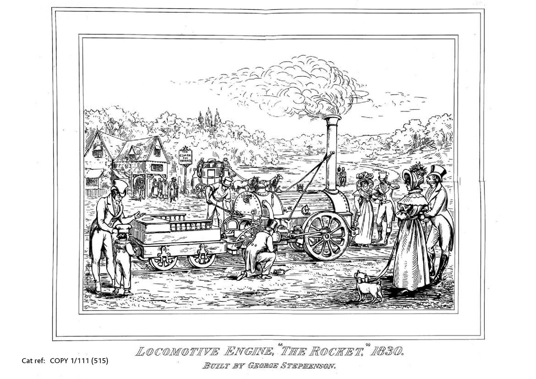 Ilustracja przedstawia lokomotywę stojąca na torach. Jest do niej doczepiony niski wagon, przypomina przyczepkę. Z komina lokomotywy unosi się dym. Wokół stoją ludzie. 