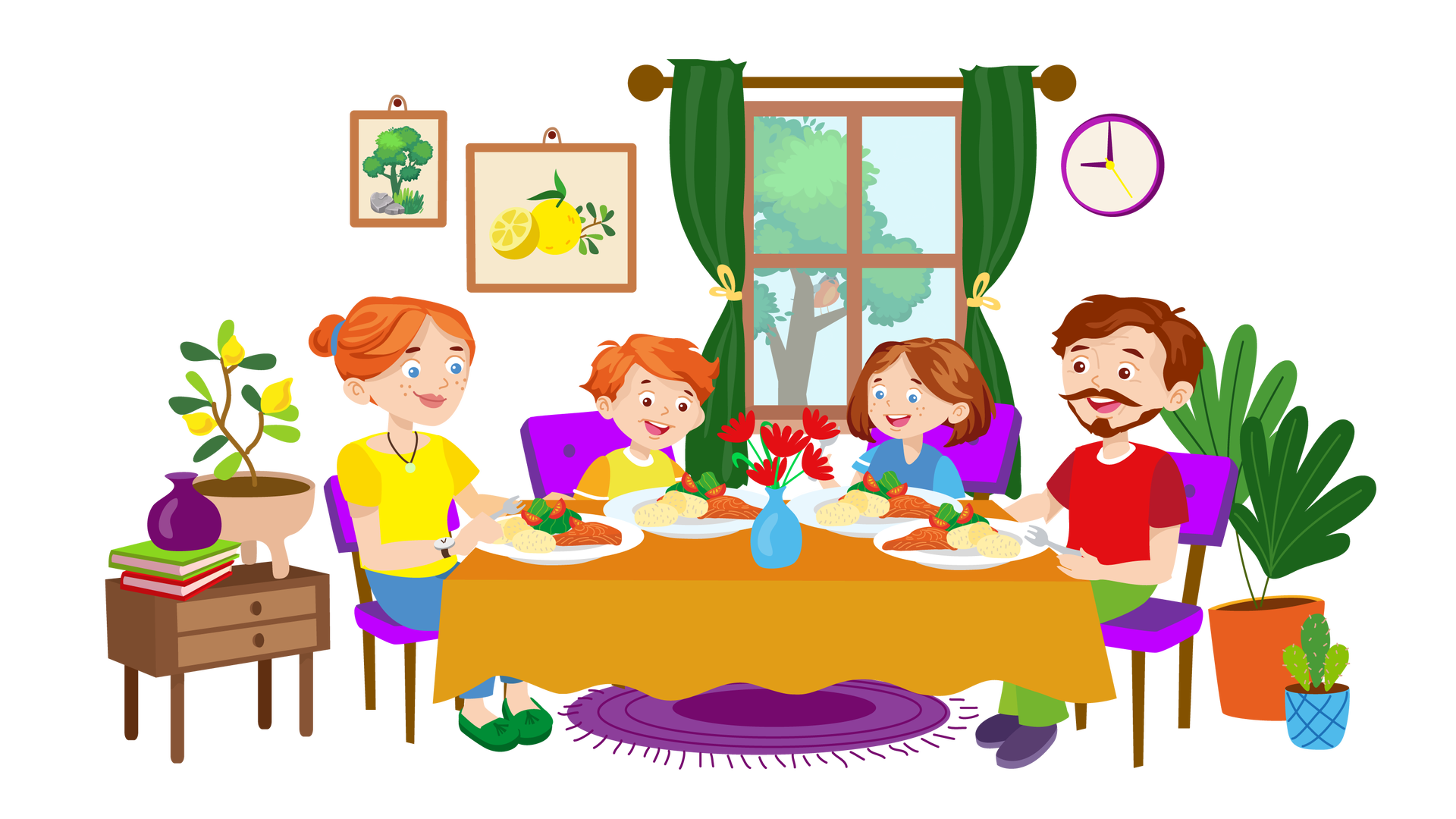 Ilustracja przedstawia jadalnię w domu Franka i Mai. W tle widać białą ścianę, na której wiszą dwa obrazki w jasnobrązowych ramkach. Jeden z nich przedstawia duże drzewo liściaste, a drugi połówkę cytryny opartą o całą cytrynę oraz małą gałązkę z drobnymi zielonymi listkami. Obok znajduje się brązowe okno, za którym na dużym drzewie siedzi ptak. Ma czerwony brzuszek i szare upierzenie na głowie, grzbiecie i skrzydłach. Jest to gil. Nad oknem wisi brązowy karnisz z zawieszonymi na nim ciemnozielonymi zasłonami upiętymi w połowie żółtymi wstążkami, a po jego prawej stronie jest na ścianie okrągły zegar wskazujący godzinę dziewiątą. Poniżej stoją na podłodze dwie zielone rośliny w kolorowych doniczkach. Po lewej stronie ilustracji znajduje się niska brązowa szafka z dwiema szufladami. Stoi na niej pusty ciemnofioletowy wazonik na stosie dwóch książek oraz małe drzewko cytrynowe w doniczce. W centralnej części ilustracji jest duży stół, a pod nim leży na podłodze okrągły dywan z frędzlami. Stół jest nakryty pomarańczowym obrusem i znajdują się na nim cztery białe talerze z jedzeniem oraz czerwone kwiaty w niebieskim wazonie. Na czterech fioletowych krzesłach przy stole siedzi rodzina: mama, Franek, Maja i tata. Każdy z nich się uśmiecha, trzyma w dłoniach sztućce i patrzy na swój talerz z jedzeniem.