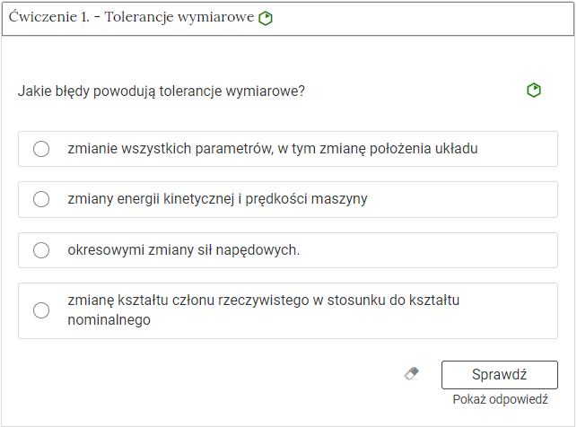 Zdjęcie przedstawia otwartą zakładkę z przykładowym zadaniem. Po prawej stronie polecenia widać zielony sześciokąt. Jest to ćwiczenie pierwsze. Tolerancje wymiarowe. 