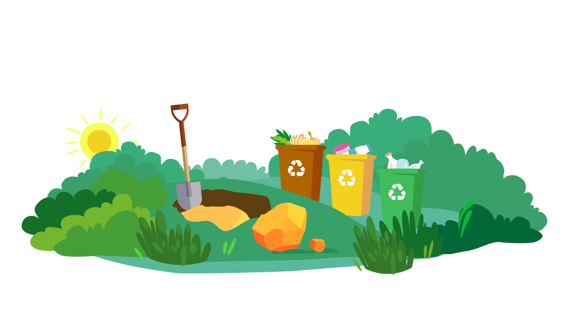 Ilustracja przedstawia pagórkowaty teren porośnięty zielenią. W tle widać wyłaniające się zza horyzontu słońce z promieniami. Dookoła są wysokie trawy i liczne krzewy. Na środku jest wbita w ziemię szara łopata z brązowym uchwytem. Ziemia w tym miejscu jest żółta i ciemnobrązowa. Obok leży duża grudka złota, a przy niej mniejsza. Dalej na prawo stoją trzy pojemniki do segregacji śmieci. Pierwszy z nich jest brązowy, wypełniony bioodpadami, czyli resztkami jedzenia i roślin. Drugi jest żółty, wypełniony plastikiem. Trzeci jest zielony, wypełniony odpadami zmieszanymi. Na każdym pojemniku widać trzy białe strzałki tworzące razem trójkątny kształt symbolizujący recykling, czyli segregację i ponowne przetwarzanie odpadów. 