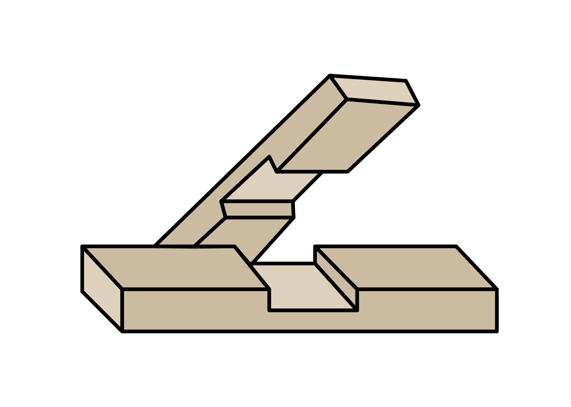 Ilustracja ukazuje złącze krzyżowe pod kątem prostym. W każdym elemencie pośrodku znajduje się wycięcie o prostym kształcie. Po połączeniu elementy te tworzą krzyż.