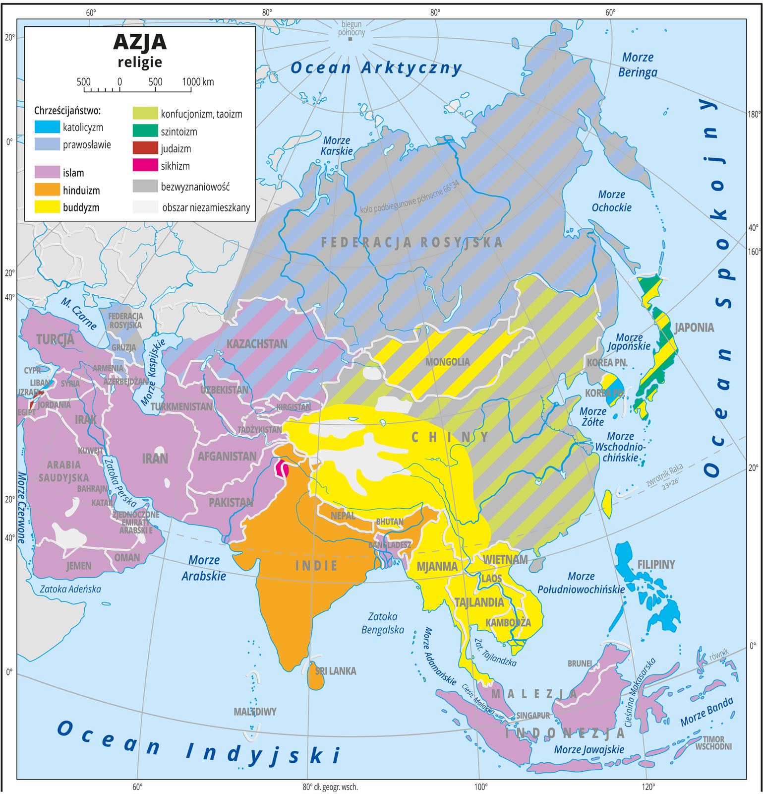 Ilustracja przedstawia mapę religii w Azji. W lewym górnym rogu legenda. W legendzie umieszczono i opisano kolory użyte na mapie. Zastosowano podziałkę liniową od zera do tysiąca kilometrów, co pięćset kilometrów. Kolorami przedstawiono występowanie religii. Chrześcijaństwo ma kolor niebieski (katolicyzm) i szaroniebieski (prawosławie), islam ma kolor fioletowy, hinduizm – pomarańczowy, buddyzm – żółty, konfucjonizm i taoizm – jasnozielony, szintoizm – zielony, judaizm – bordowy, sikhizm – różowy, bezwyznaniowość oznaczono kolorem szarym, a kolorem białym – obszary niezamieszkane. Islam w południowo‑zachodniej Azji (Turcja, Armenia, Azerbejdżan, Syria, Liban, Egipt, Jordania, Irak, Arabia Saudyjska, Bahrajn, Katar, Zjednoczone Emiraty Arabskie, Jemen, Oman, Iran, Turkmenistan, Uzbekistan, Kirgistan, Tadżykistan, Afganistan, Pakistan, częściowo też Kazachstan na równi z prawosławiem – obszar w pasy szaroniebiesko‑fioletowe), Bangladeszu, Malezji i Indonezji. Hinduizm w Indiach i Nepalu. Buddyzm w południowo‑zachodniej części Chin, częściowo w Mongolii, państwach na Półwyspie Indochińskim (Bhutan, Mjanma, Wietnam, Laos, Tajlandia, Kambodża) oraz częściowo w Japonii na równi z szintoizmem. Prawosławie w Federacji Rosyjskiej, w Gruzji i Kazachstanie. Katolicyzm na Filipinach i częściowo w Korei Południowej na równi z buddyzmem. Część obszarów Federacji Rosyjskiej, Mongolii i Chin zawiera szare pasy, oznaczają one bezwyznaniowość na równi z panującym tam wyznaniem. Konfucjonizm w większości Chin (północno‑wschodnie i częściowo w części północno‑wschodniej na równi z bezwyznaniowością). Judaizm w Izraelu. Szikhizm na granicy Pakistanu i północno‑zachodnich Indii. Na mapie opisano także wody. Od północy są to: Ocean Arktyczny z zaznaczonym biegunem północnym, Morze Karskie, Morze Beringa, Morze Ochockie, Ocean, Spokojny, Morze Japońskie, Morze Żółte, Morze Wschodnio‑Chińskie, Morze Południowo‑Chińskie, Morze Banda, Morze Jawajskie, Zatoka Tajlandzka, Morze Adamańskie, Zatoka Bengalska, Ocean Indyjski, Morze Arabskie, Zatoka Adeńska, Morze Czerwone, Zatoka Perska, Morze Kaspijskie i Morze Czarne. Dookoła mapy w białej ramce opisano współrzędne geograficzne co dwadzieścia stopni. 
