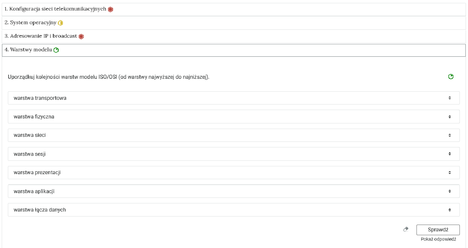 Ilustracja przedstawia zakładki zawierające ćwiczenia interaktywne. Każda zakładka zawiera tytuł oraz symbol określający poziom trudności  danego ćwiczenia. Jedna z zakładek jest rozwinięta na planszy znajduje się ćwiczenie polegające na uporządkowaniu elementów.