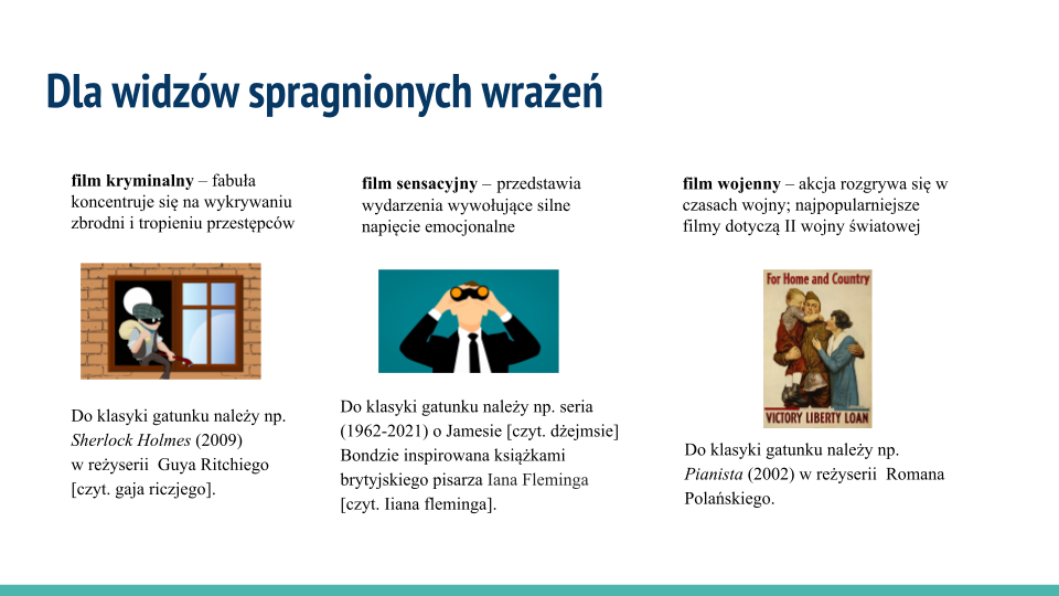 Biała plansza, w jej górnej części napis: Dla widzów spragnionych wrażeń. Poniżej tekst i 3 ilustracje ułożone w 3 kolumnach. Pierwsza z lewej zawiera tekst: film kryminalny – fabuła koncentruje się na wykrywaniu zbrodni i tropieniu przestępców. Poniżej kolorowy rysunek przedstawia młodego mężczyznę wymykającego się z mieszkania przez okno. Na głowie ma ciemnoszary kaszkiet w kratę, na oczach ma zawiązaną czarną opaskę. Jego twarz pozbawiona jest ust. Ubrany jest w brązowe spodnie i kamizelkę oraz szarą bluzkę z rękawami podwiniętymi powyżej łokci. Prawą ręką trzyma przewieszony przez ramię beżowy worek z łupem, a w lewej ręce - łom. Mężczyzna prawą nogą stoi w mieszkaniu, zaś drugą wystawia przez okno. Dom z którego się wymyka jest zbudowany z pomarańczowej cegły, zaś okienna framuga jest brązowego koloru. Poniżej tekst: Do klasyki gatunku należy np. "Sherlock Holmes" [czyt. szerlok holms] (2009) w reżyserii Guya Ritchiego [czyt. gaja riczjego]. Środkową kolumnę rozpoczyna tekst: film sensacyjny – przedstawia wydarzenia wywołujące silne napięcie emocjonalne. Poniżej kolorowy rysunek przedstawia popiersie mężczyzny na turkusowym tle. Mężczyzna ma brązowe krótkie włosy, nie posiada ust ani nosa. Patrzy przez lornetkę, trzyma ja w taki sposób, że nie widać jego oczu. Lornetka jest czarna, szkła - pomarańczowe. Ubrany jest w czarną marynarkę, białą koszulę i czarny krawat. Poniżej tekst: Do klasyki gatunku należy seria (1962‑2021) o Jamesie Bondzie [czyt. dżejmsie bondzie] inspirowana książkami brytyjskiego pisarza Iana Fleminga [czyt. liana fleminga]. W ostatniej kolumnie tekst: film wojenny – akcja rozgrywa się w czasach wojny; najpopularniejsze filmy dotyczą II wojny światowej. Poniżej kolorowy plakat przedstawia młodego mężczyznę, który na prawej ręce trzyma dziecko, a drugą obejmuje kobietę. Mężczyzna ma na sobie czapkę i mundur wojskowy w kolorze khaki. Do munduru ma przyczepiony metalowy hełm. Mały chłopiec obejmuje mężczyznę za szyję i przytula twarz do jego policzka. Ubrany jest w czerwone ogrodniczki, szarą koszulę, białe podkolanówki i czarne buty za kostkę. Kobieta ma ciemne włosy, białą bluzkę i turkusowy długi sweter. Patrzy z podziwem na mężczyznę, dotykając jedną ręką krzyżyka przyszytego do klapy jego munduru. Na górze plakatu widnieje jasnoczerwony napis „For Home and Country” [czyt. for hołm end kantry]. Na dole narysowany jest poziomy pasek koloru czerwono‑biało‑niebieskiego oraz ciemnoczerwony napis „Victory Liberty Loan” [czyt. wiktory liberti]. Poniżej tekst: Do klasyki gatunku należy "Pianista" (2002) w reżyserii Romana Polańskiego.