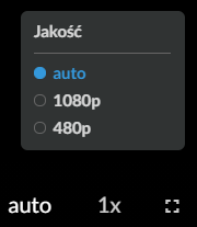 Zdjęcie przedstawia ikonę oraz panel zmiany jakości filmu. Ikona to biały napis auto. Po kliknięciu na nią wyświetla się powyżej panel zatytułowany jakość. Na zdjęciu widać trzy opcje do wyboru: auto, tysiąc osiemdziesiąt pikseli oraz czterysta osiemdziesiąt pikseli. Obok ikony auto widać dwie inne ikony, czyli 1x oraz kwadrat włączania trybu pełnoekranowego.