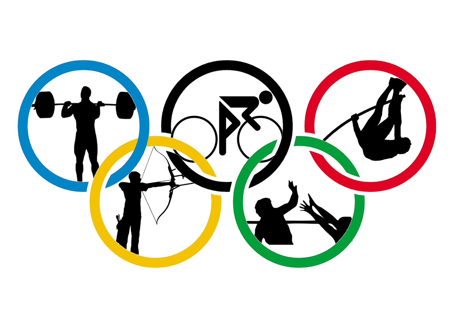 Ilustracja przedstawia koła olimpijskie z wpisanymi w nie sylwetkami sportowców: sztangisty, rowerzysty, skoczka wzwyż, łucznika oraz siatkarza.