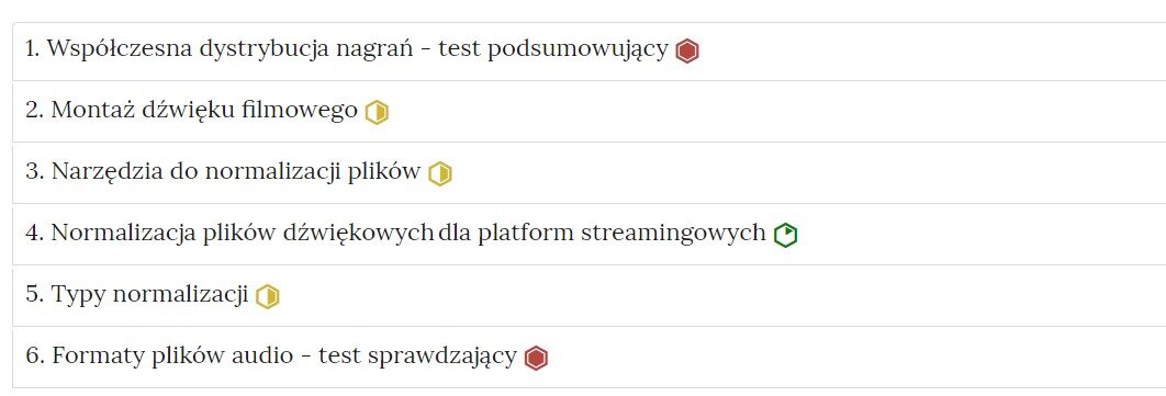 Grafika przedstawia widok interaktywnych materiałów sprawdzających. Na białym tle widoczna jest lista numeryczna z tytułami ćwiczeń. Po prawej stronie każdego tytułu znajduje się symbol określający stopień trudności zadania: sześciokąt z zielonymi krawędziami z wpisanym, na godzinie 13, zielonym trójkątem – poziom trudności niski, sześciokąt z żółtymi krawędziami z wpisanym po prawej jego stronie żółtymi trapezem – poziom trudności średni, i  sześciokąt z czerwonymi krawędziami z wpisanym w niego czerwonym sześciokątem – poziom trudności wysoki.