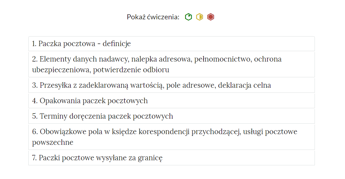 Widok na zakładki z pogrupowanymi ćwiczeniami