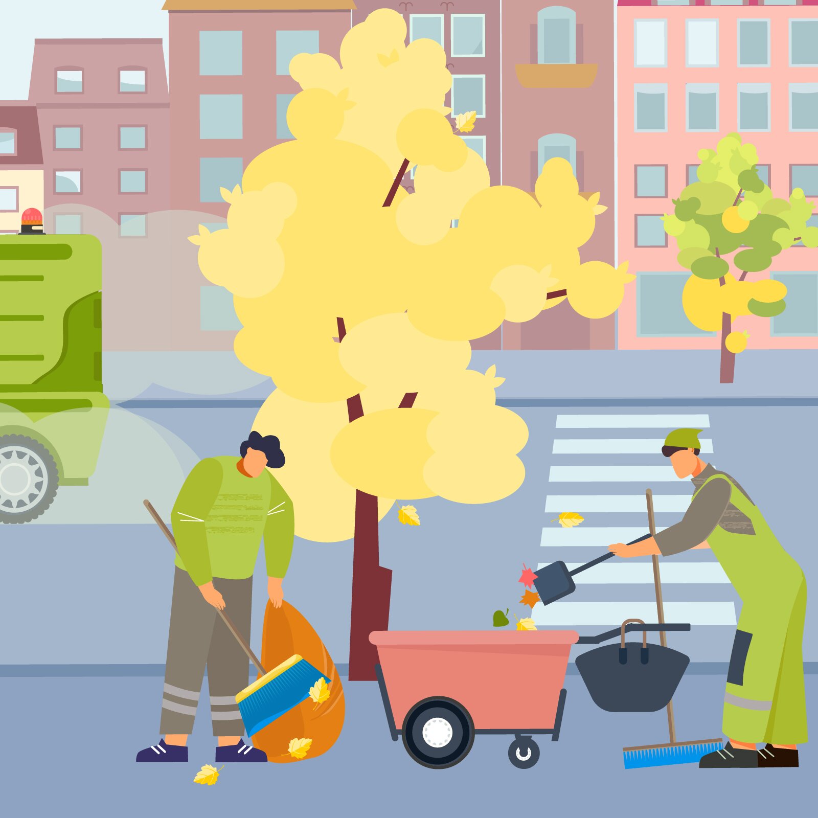 Ilustracja przedstawia trzy osoby zajmujące się sprzątaniem. Kobieta myje okno, jeden mężczyzna trzyma worek ze śmieciami a drugi poleruje podłogę. 