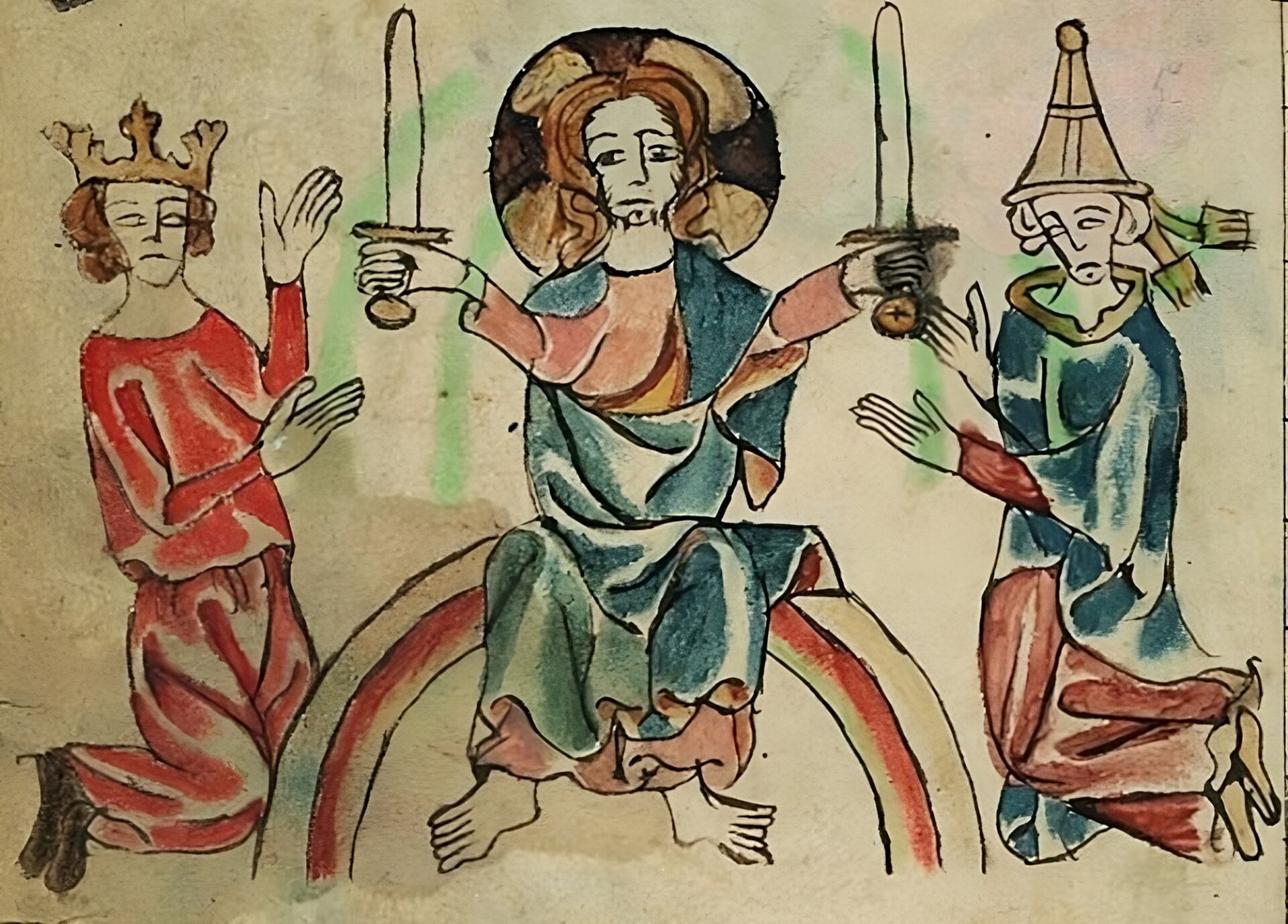  Ilustracja przedstawia Chrystusa siedzącego na tęczy, przed którym po lewej stronie klęczy władca w koronie na głowie, a po prawej papież w mitrze. Chrystus każdemu z nich podaje miecz symbolizujący odpowiednio władzę świecką i duchową