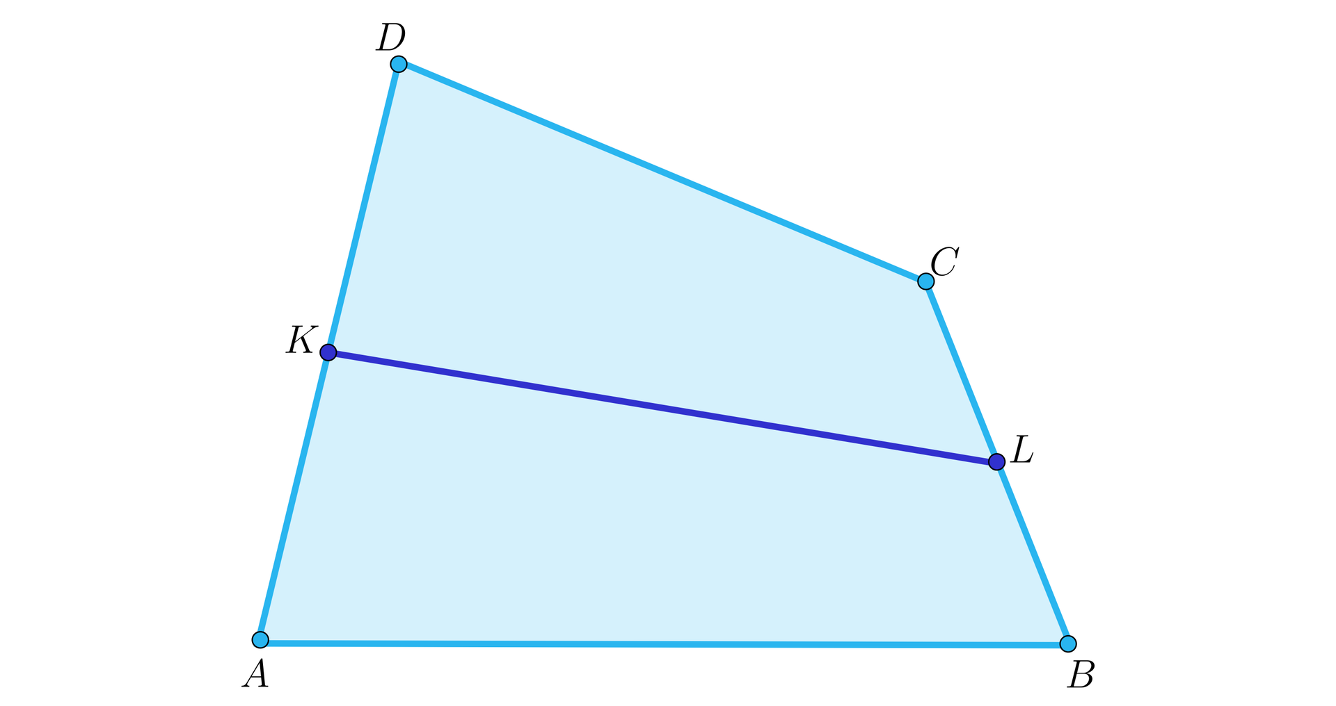 Ilustracja przedstawia czworokąt wypukły ABCD. Punkty K i L są środkami boków AD i BC.  Zaznaczono odcinek KL. 