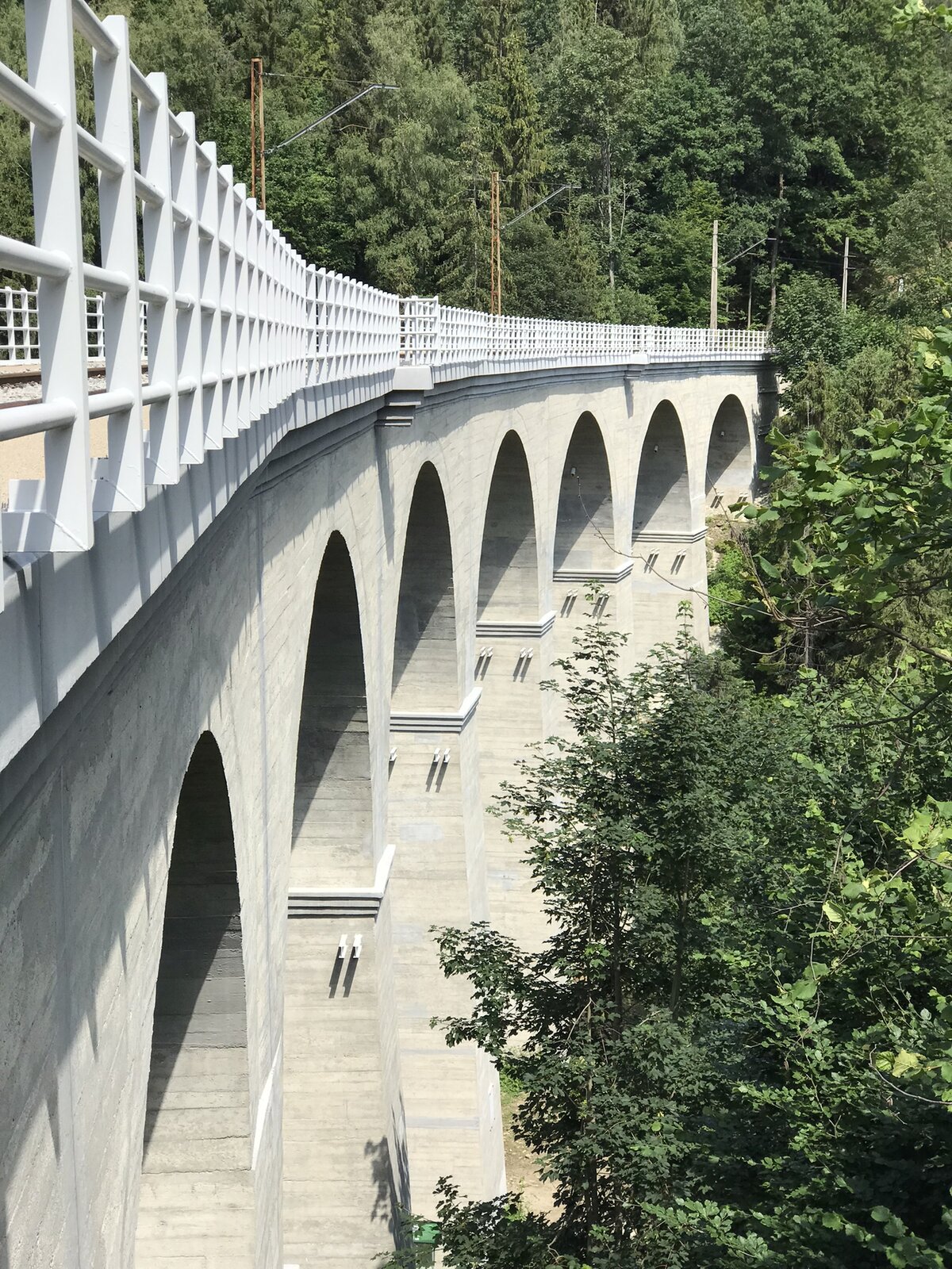  Zdjęcie przedstawia bok mostu łukowego. Konstrukcja składa się z wielu połączonych ze sobą łuków o małym kącie. Widoczne są tu filary będące podporą dla przęseł oraz wyraźnie zaznaczone łuki oparte na filarach.