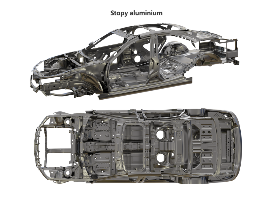 Rysunek przedstawia elementy nadwozia samochodu, wykonane ze stopów aluminium – podłogę, drzwi, dach oraz maskę przednią i tylną. 