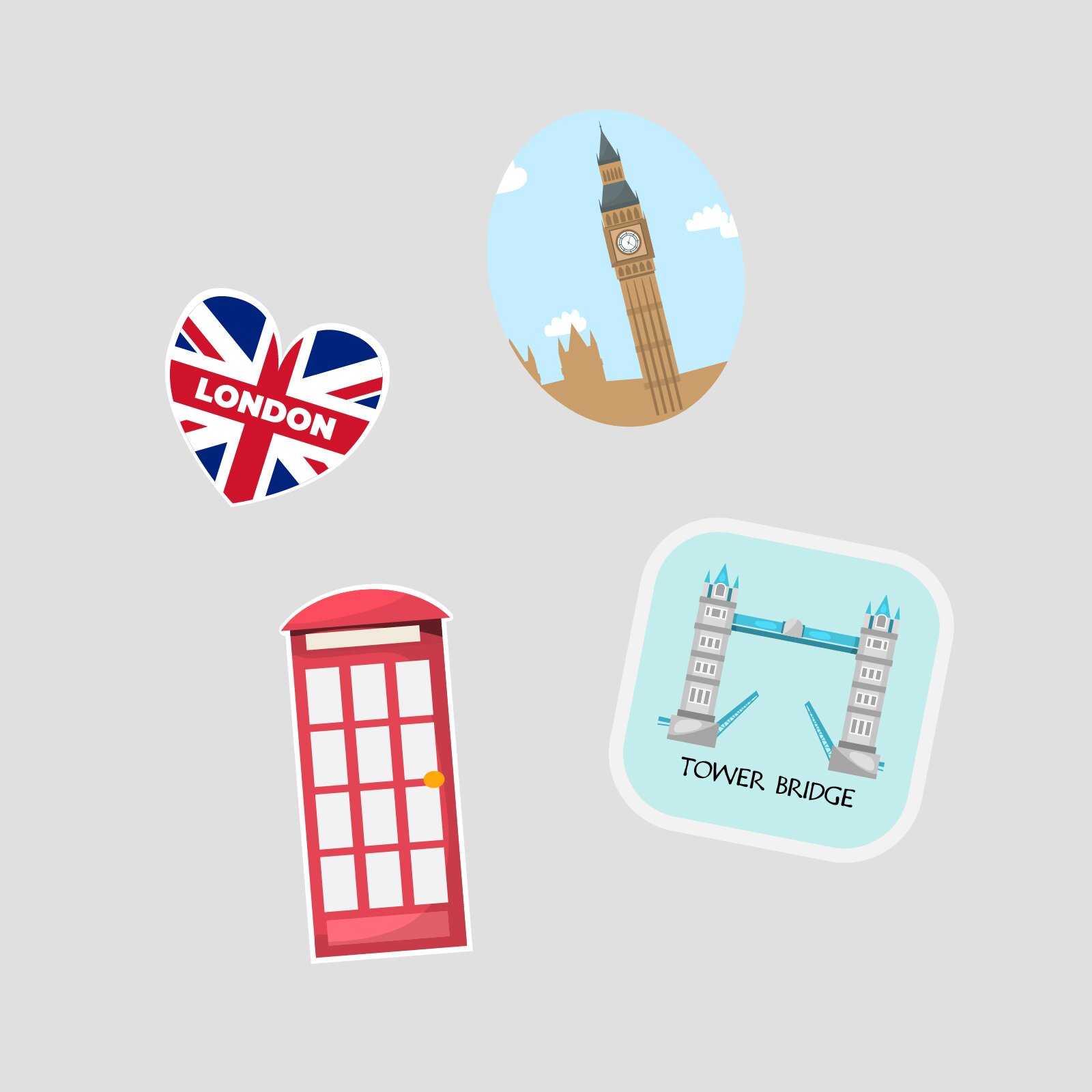 Ilustracja przedstawia cztery magnesy. Są to: magnes w kształcie serca z flagą Wielkiej Brytanii, magnes w kształcie budki telefonicznej, magnes z ilustracją zegara Big Ben oraz magnes z ilustracją mostu Tower Bridge.