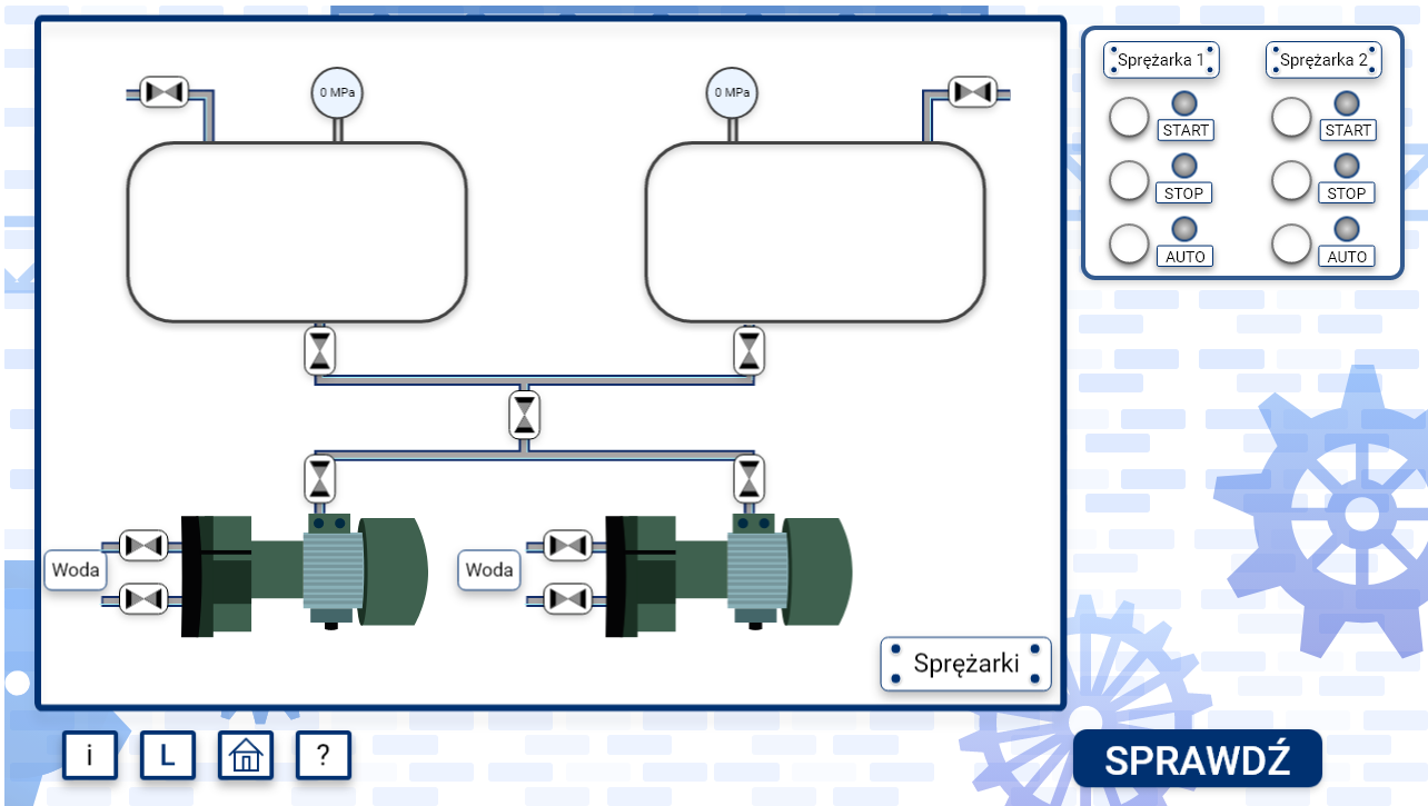 Grafika przedstawia przykładowy ekran instalacji symulatora. Widoczna jest na nim instalacja składająca się z rur, sprężarek, zbiorników.