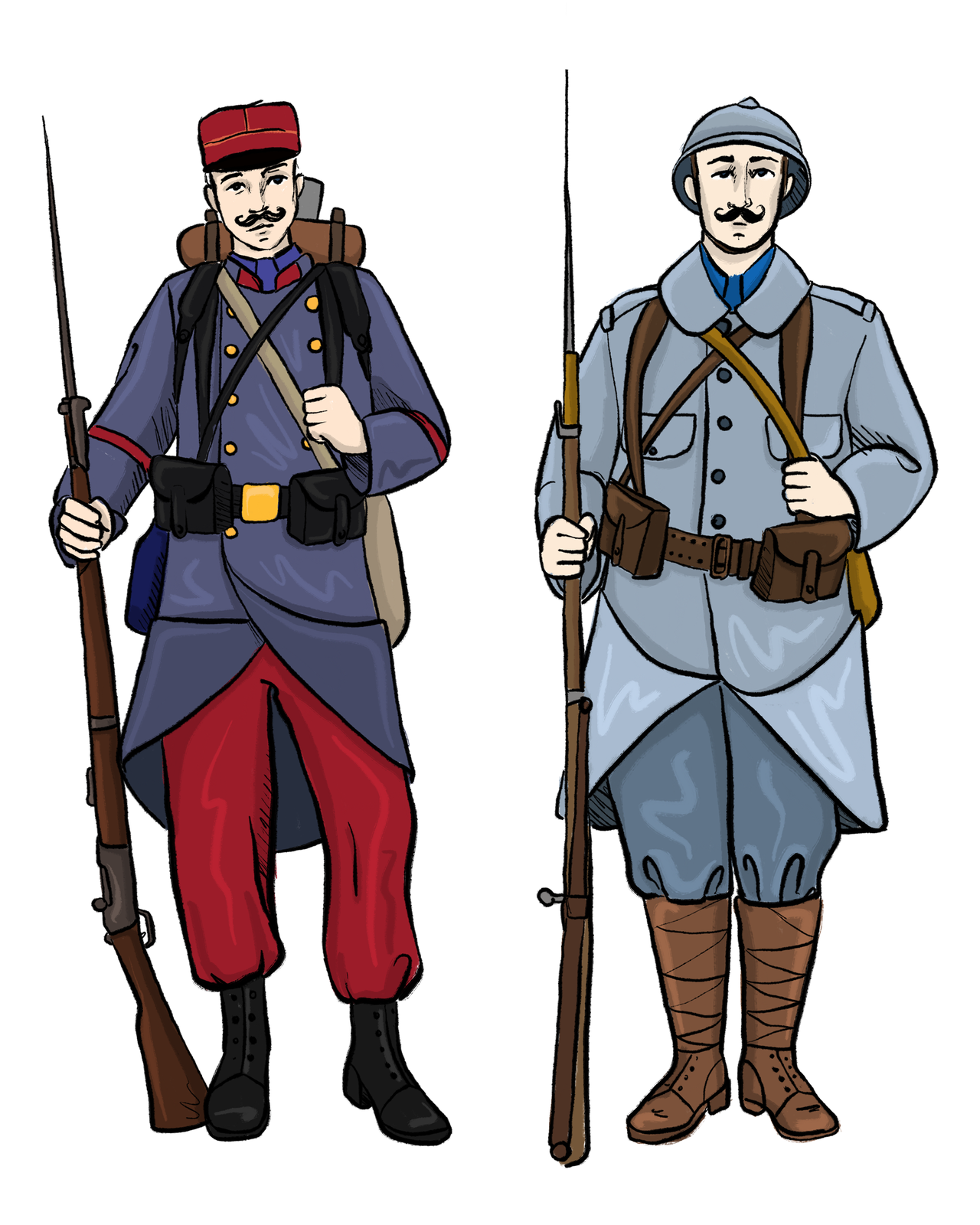 Ilustracja przedstawia dwóch żołnierzy, rożnych armii. Bohater grafiki z prawej strony ubrany w szare błękity. Na głowie hełm, wysokie bojówki i strzelba. Żołnierz z lewej ma bordowo- granatowe umundurowanie. Bordową czapkę, Niskie trzewiki, strzelbę.  