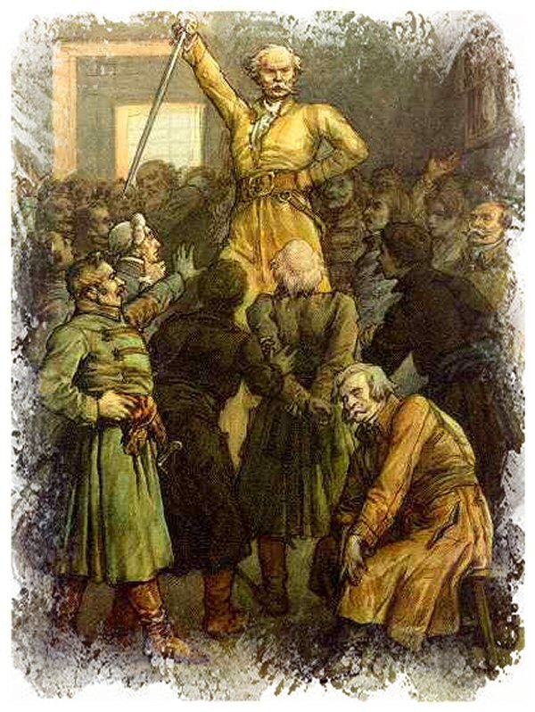 Grafika ilustruje scenę z Księgi VII Pana Tadeusza, ukazuje szlachtę przygotowującą się do zajazdu na Sopliców. Zgromadzona tłumnie szlachta żywo dyskutuje. Z tłumu wyróżnia się starszy, siwy mężczyzna z wąsami, stojący na podwyższeniu. Nosi żółty żupan, przepasany skórzanym pasem, w ręku trzyma szablę skierowaną w dół. Drugą rękę opiera na biodrze. Wokół zgromadzeni mężczyźni patrzą na niego, gestykulują, krzyczą. Wszyscy noszą kontusze z pasami słuckimi i baczmagi, czyli buty z cholewami. W prawym dolnym rogu, na pierwszym planie ilustracji siedzi na stołku szlachcic w starszym wieku. Ma siwe włosy i wąsy. Ubrany jest w typowy strój szlachecki, czyli kontusz. Prawą rękę opiera zgiętą na kolanie, drugą trzyma wyprostowaną z dłonią położoną na kolanie. Mężczyzna ma przymknięte oczy i jest zamyślony, nie bierze udziału w dyskusji, która toczy się za jego plecami. W tle znajduje się okno z jasną framugą.