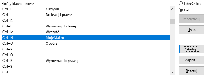 Ilustracja przedstawia sekcję o nazwie: Skróty klawiaturowe. Zaznaczono skrót: Ctrl+N MojeMakro. Po prawej stronie wybrano Calc, Zastosowano przycisk Załaduj. 