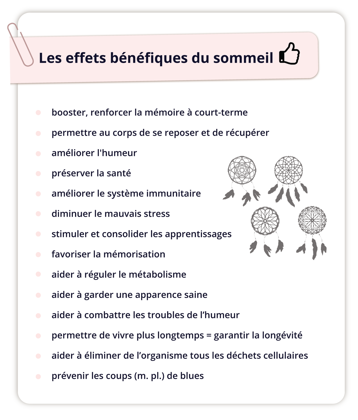 Grafika zatytułowana jest Les effets bénéfiques du sommeil. Obok tytułu grafika kciuka uniesionego do góry. Poniżej lista wypunktowanych informacji a obok rysunki czterech łapaczy snów. Kolejno: booster, renforcer la mémoire à court‑terme permettre au corps de se reposer et de récupérer améliorer l'humeur préserver la santé améliorer le système immunitaire diminuer le mauvais stress stimuler et consolider les apprentissages favoriser la mémorisation aider à réguler le métabolisme aider à garder une apparence saine aider à combattre les troubles de l'humeur permettre de vivre plus longtemps = garantir la longévité aider à éliminer de l'organisme tous les déchets cellulaires prévenir les coups (m. pl.) de blues