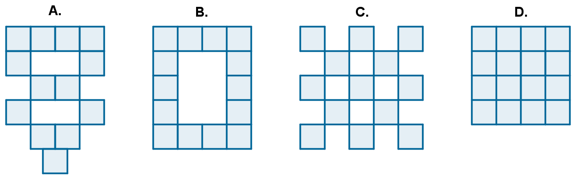 Na rysunku widać cztery figury. Figura A składa się z trzynastu jednakowych kwadratów, figura B składa się z czternastu jednakowych kwadratów, figura C składa się z trzynastu jednakowych kwadratów i figura D składa się z szesnastu jednakowych kwadratów.