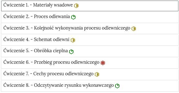 Zrzut ekranu przedstawia harmonię z ćwiczeniami interaktywnymi. Składa się ona z zakładek w formie poziomych pasków jeden pod drugim. Na każdym pasku znajduje się numer ćwiczenia i tytuł odnoszący się do partii materiału, której dotyczy oraz z poziomu trudności. Ćwiczenie jeden Budowa wielkiego pieca. poziom średni. Ćwiczenie dwa. Strefy wielkiego pieca. poziom średni. Ćwiczenie trzy. Typy chwytaków. poziom łatwy. Ćwiczenie cztery. Konwektor. poziom łatwy. Ćwiczenie pięć. konwektor Bessemara. poziom średni. Ćwiczenie sześć. Obróbka cieplna materiałów. poziom trudny. Ćwiczenie siedem. kształtowanie metalu. poziom siódmy.