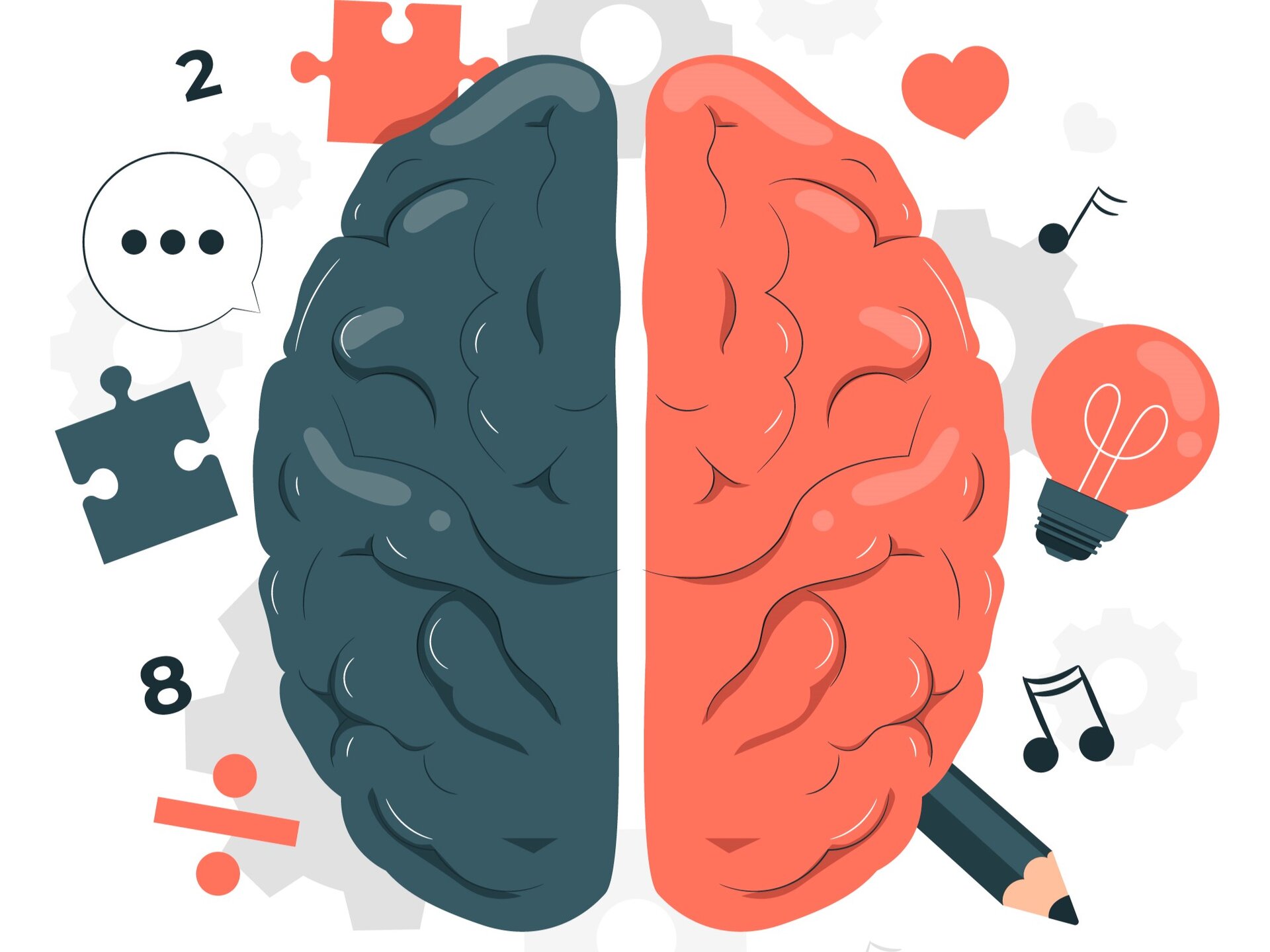 Grafika przedstawia ludzki mózg w ujęciu z góry. Lewa półkula mózgu ma kolor ciemnoszary, a prawa czerwony. Na lewo od lewej półkuli widoczne są różne znaki: znak dzielenia, cyfra 8, ciemnoszary puzzel, dymek myślowy z wielokropkiem, cyfra 2, czerwony puzzel. Na prawo od prawej półkuli widoczne są: czerwone serduszko, nuta, czerwona żarówka, podwójna nuta, ołówek.