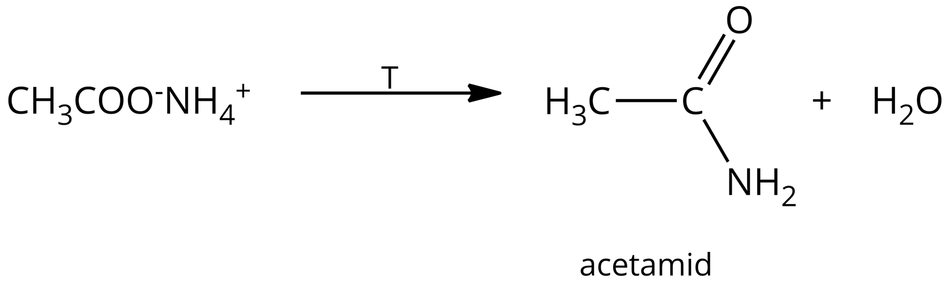 Ilustracja przedstawia równanie reakcji:                C       H                 3                       C       O       O                 −                       N       H                 4                 +          pod wpływem temperatury daje jedną cząsteczkę acetamidu oraz jedną cząsteczkę wody. 