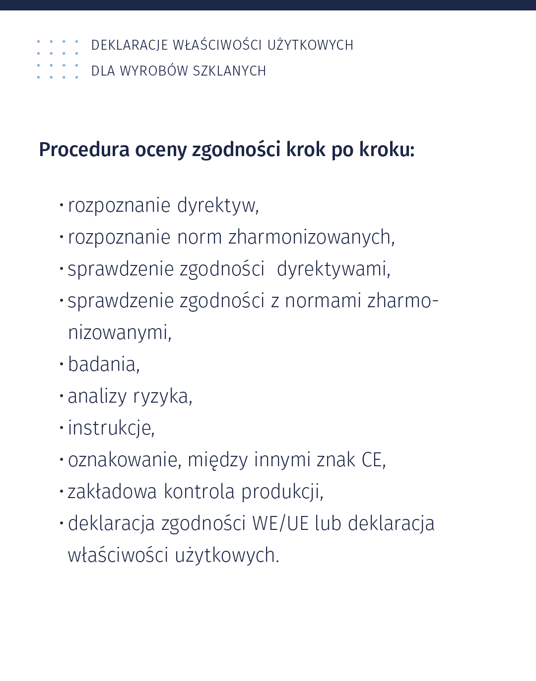 Ilustracja przedstawia deklaracje właściwości użytkowych dla wyrobów szklanych. Poniżej znajduje się wypunktowanie dotyczące procedury oceny zgodności krok po kroku: 1. Rozpoznanie dyrektyw, 2. Rozpoznanie norm zharmonizowanych, 3. Sprawdzenie zgodności z dyrektywami, 4. Sprawdzenie zgodności z normami zharmonizowanymi, 5. Badania. 6. Analizy ryzyka. 7. Instrukcje, 8. Oznakowanie, między innymi znak CE, 9. Zakładowa kontrola produkcji. 10. Deklaracja zgodności WE/UE lub deklaracja właściwości użytkowych. 