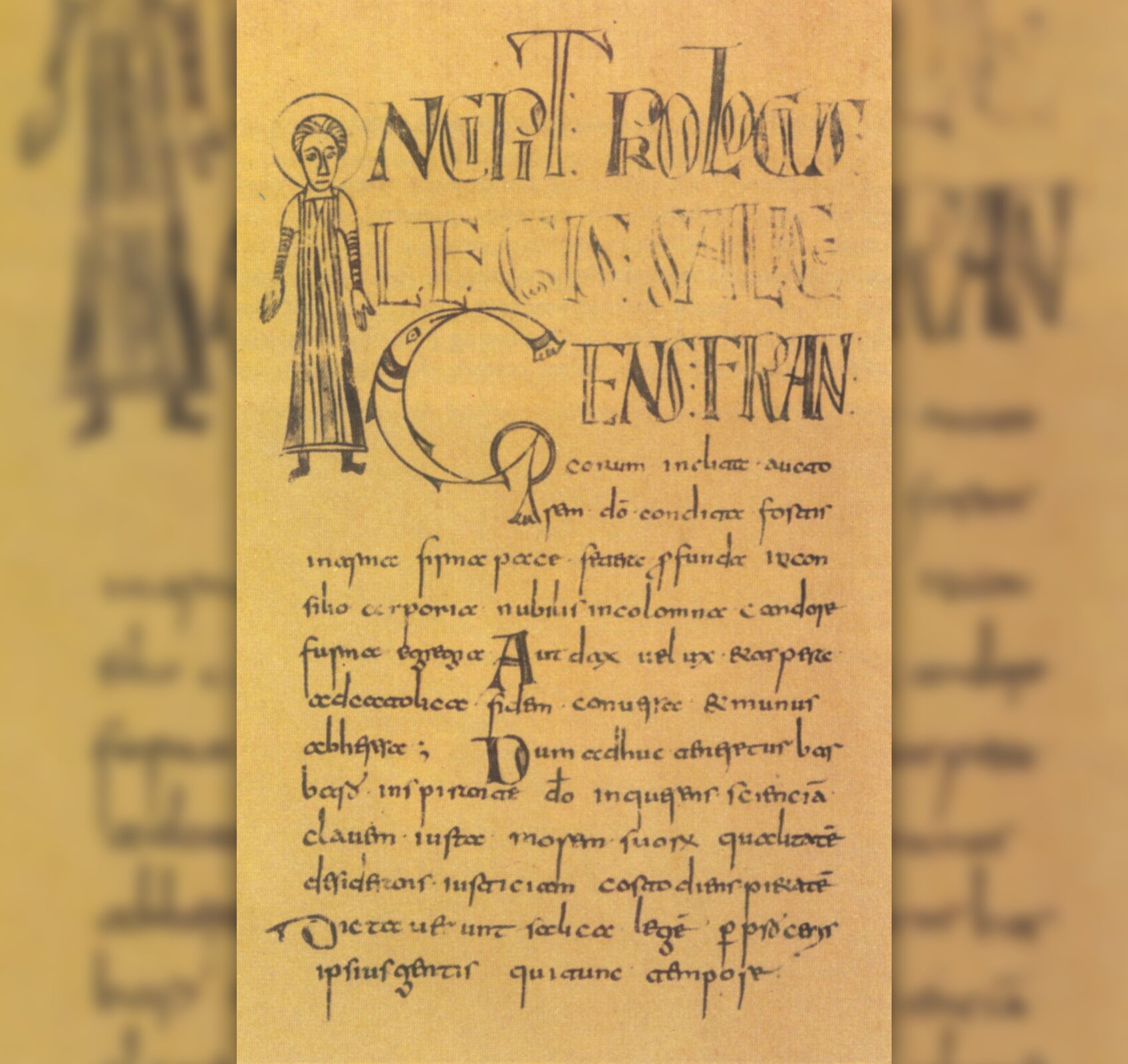 Ilustracja przedstawiająca rękopis Prawo Salickiego z 793 roku. Pięknie zdobione litery i tekst na żółtym, nieco złotym papierze. Umieszczona jest również postać duchowna.