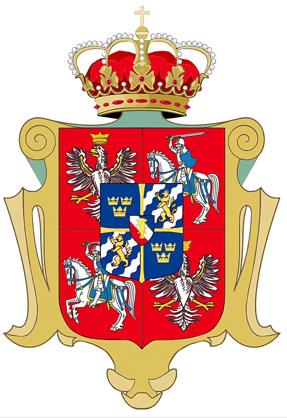 Na ilustracji tarcza herbowa w stylizacji z XVII wieku. W polu czerwonym godło Rzeczpospolitej Obojga Narodów z tarczą sercową szwedzkiej linii Wazów z emblematem dynastycznym. W polach lewym górnym i prawym dolnym rogu znajduje się godło Korony Królestwa Polskiego w postaci białego orła w koronie, mającego język, dziób, szpony, pazury i przepaskę na skrzydłach w kolorze złotym. W lewym dolnym i prawym górnym rogu jest Pogoń Wielkiego Księstwa Litewskiego w postaci białego rycerza w zbroi na tej samej barwy koniu wspiętym, z mieczem w prawej ręce, a w lewej ręce z niebieską tarczą. Uprząż, siodło i pasy na koniu są w kolorze niebieskim. Tarcza sercowa szwedzkiej linii Wazów posiada w polu niebieskim złoty krzyż z ramionami rozszerzającymi się na końcach i wewnętrzną tarczą sercową dynastyczną. W lewym górnym i prawym dolnym rogu znajdują się trzy złote korony w układzie dwie w pierwszym szeregu i jedna w drugim szeregu. W prawym górnym i lewym dolnym rogu jest na tle trzech lewoskośnych srebrnych pasów złoty lew w koronie, mający czerwone język i pazury. Tarcza sercowa wewnętrzna pokazuje herb Wazów - na tle prawo skośnych pasów niebieskiego, białego i czerwonego złoty snopek. Na hełmie herbu widoczna korona dynastyczna Wazów.