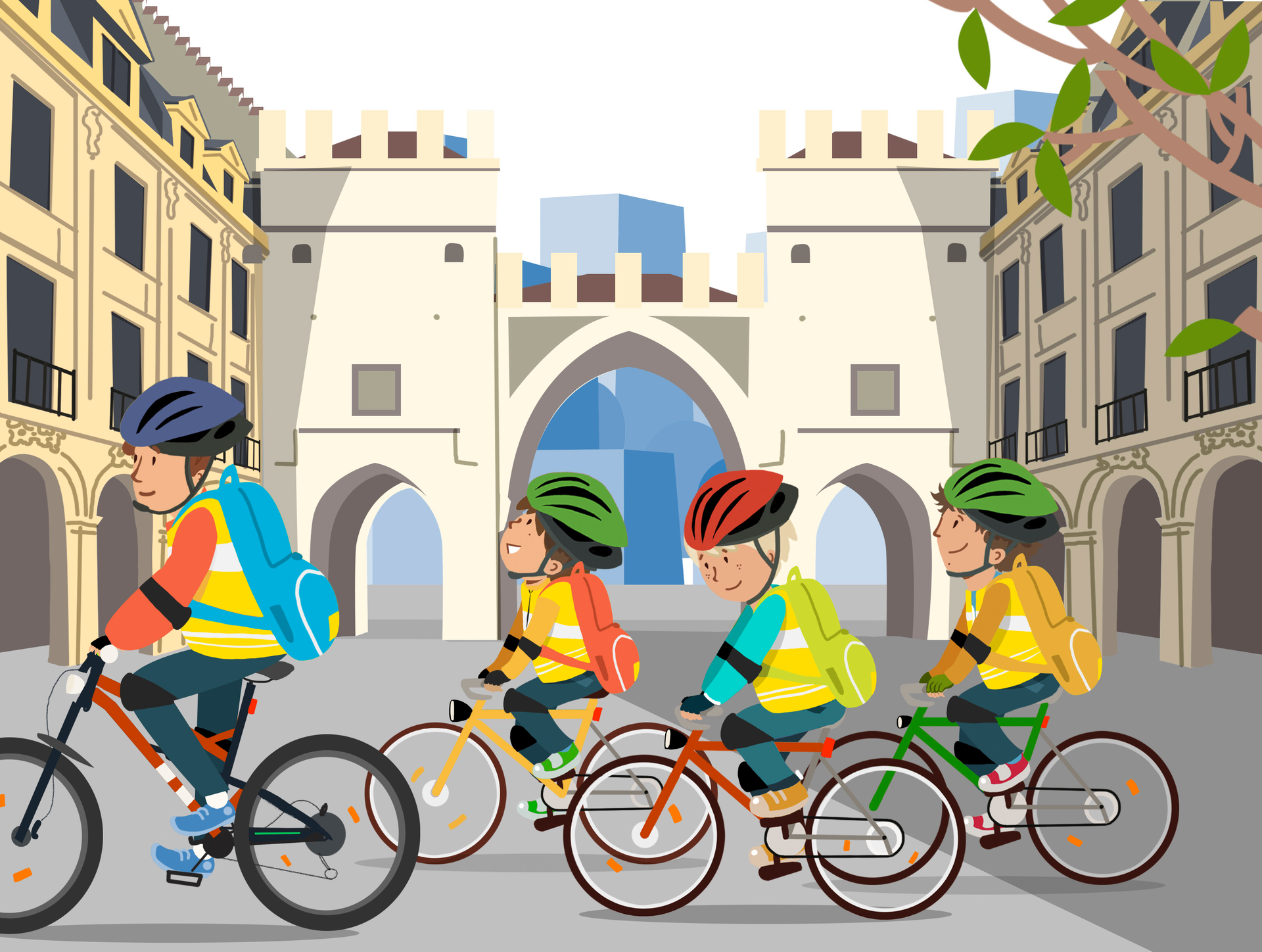 Na obrazie widoczna jest czwórka dzieci jadących na rowerach. Na głowach mają kaski a na ramionach plecaki .