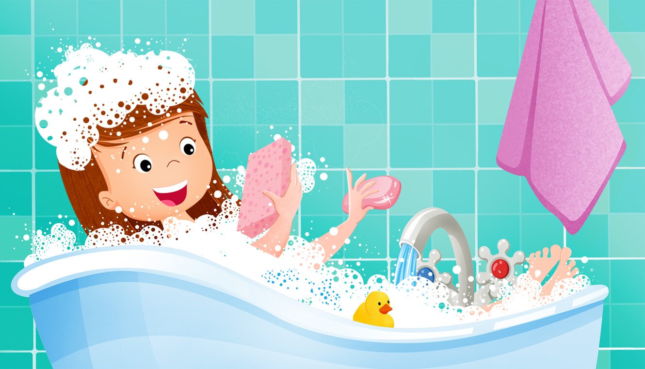 Na obrazku widoczna jest radosna dziewczynka podczas kąpieli w wannie pełnej piany. Trzyma w ręku gąbkę, a w wodzie pływa żółta kaczuszka do zabawy. 
