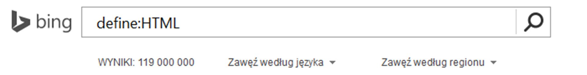 Zrzut paska wyszukiwarki Bing z wpisanym tekstem oraz Define